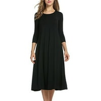 Женски летни основни обични цврсти фустани за маица фустани лабава ракав околу вратот максични фустани со висока половината црна л