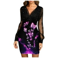Фустани ЗА Жени ХИМИВЕЈ Мода Жените Лабава V-Вратот Халтер Светла Блиц Кристал Долги ракави Фустан Виолетова XL