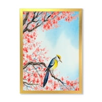 Прекрасна црвена птица што седи на цветни гранки, јас го врамив сликарското платно уметничко печатење
