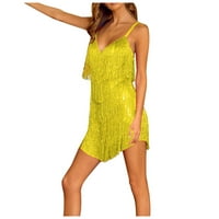 Ханас Фустани Женска Еднобојна Прашка Без Ракави Фустан Во Стилот На Ресни Жолта XL
