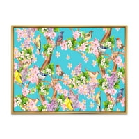 Дизајн на „Мали птици кои седат на пролетното дрво“ Традиционално врамено платно wallидно печатење