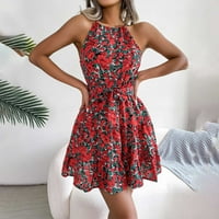 Дозвола Летни Фустани За Жени Мини Обични Цветни Без Ракави А-Линија Потсмеваат Вратот Патување Фустан Црвен XL
