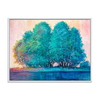 DesignArt 'Импресија на сино обоено дрво од езерото' езерото куќа врамена платно wallидна уметност печатење