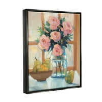 Sulpell Industries Свежи розови рози и овошје кујнски прозорец сцена, сликање џет црно лебдечки платно печатење wallидна уметност,