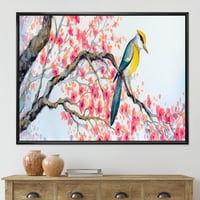 ДизајнАрт „Прекрасна розова птица што седи на цветни гранки I“ традиционално врамено платно wallидно печатење