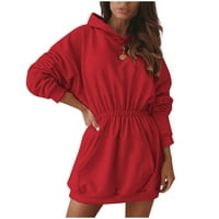 Едиодпох Женски Џемпер Фустан Со Качулка Со Долги ракави Со Висок Струк Задебелен Сијамски Џемпер Фустан Дуксери Црвен XL