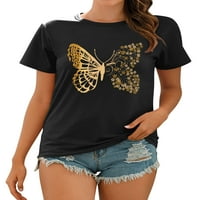 Жените Пеперутка Цветни Печати Краток Ракав Круг Вратот Маица