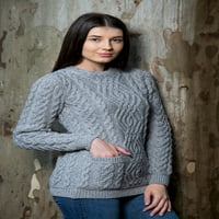Мерино Волна Аран Женски Џемпер Рибар Кабел Плете Ирски Пуловер Со Џебови Направени Во Ирска