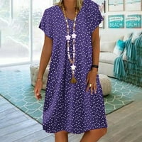 Женска Мода Со Должина На Коленото Печатени Кратки Ракави А-Линија V-Вратот Летен Фустан Виолетова XL