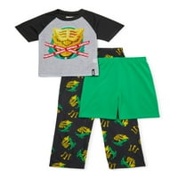 Фортнит момчиња кратки ракави на врвот, сет за пижами од шорцеви и панталони, 3-парчиња, големини 8-14